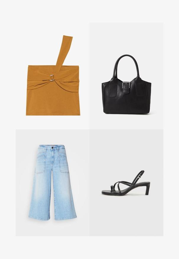 Hořčicově žlutý top s jedním ramenním páskem, zkrouceným předním detailem a kovovým kroužkem jako akcentem. Vyrobeno z měkké, elastické látky.; Světlé modré denimové culottes s širokými nohavicemi, vybavené předními a zadními kapsami a zapínáním na knoflík v pase. Hladká textura.; Černé sandály na tenkém podpatku se čtveratou špičkou a nízkým blokovým podpatkem. Mají několik tenkých popruhů a nastavitelné zapínání okolo kotníku. Vyrobeny z hladké kůže.; Černá kožená tote taška s hladkým povrchem, strukturovaným tvarem, dvěma uchy a výrazným stříbrným detailem s přezkou na přední straně.