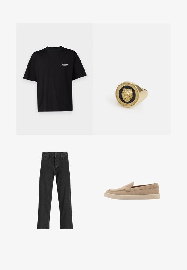 Crna pamukasta majica s kratkim rukavima, okruglim izrezom i printom na lijevoj prednjoj strani u bijelom i zlatnom tekstu, s ležernim krojem.; Crne traperice s ravnim krojem, s patentnim zatvaračem, petljama za pojas i šest džepova, izrađene od čvrste mješavine pamuka.; Bež suknjaste slip-on cipele s zaobljenim vrhom i šivanim detaljima. Svijetla gumena potplata s niskim dizajnom.; Prsten z zlatnog metala s dizajnom uzdignutog lava na crnoj pozadini, okružen kružnom trakom ugraviranom imenom brenda.