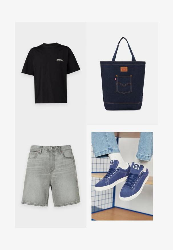 Črna bombažna majica s kratkimi rokavi, okroglo ovratnico in tiskom na sprednjem levem prsnem delu v beli in zlati barvi, ki ima sproščen kroj.; Sive jeans kratke hlače s klasičnim krojem, ki vključujejo zaponko na gumb, sprednje žepe in nepravilno obrobljen rob. Diskretno bledenje po tkanini.; Temno modri Adidas čevlji iz usnja, z belimi gumijastimi podplati, okroglimi prsti in logotipom na jeziku. Svetle bele nogavice so vidne.; Denim torba v temno modri barvi z dvema ročajema, vidnim šivom in sprednjim žepom z značilno logotipno nalepko.
