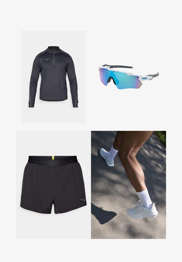 Juodas ilgomis rankovėmis ketvirčio užtrauktuku viršus su aukšta apykakle, puikiai atspindinčiais akcentais ir lygiu, lengvu audiniu.; Juodos sportinės šortai su satino apdaila, elastinga juosta ir atspindinčiu logotipu apatinėje dešinėje. Paprastas dizainas, lengvas audinys.; Balta sportinė avalynė su tekstūruotu viršumi, raišteliais ir paminkštintu padu, derinama su baltais puskojinėmis, fone matoma pilka danga.; Akiniai nuo saulės su balta rėmeliu, pilkų akcentų ir mėlynais veidrodiniais objektyvais. Sportiškas dizainas, aplink galvą prilipusios formos ir reguliuojamos nosies pagalvėlės.