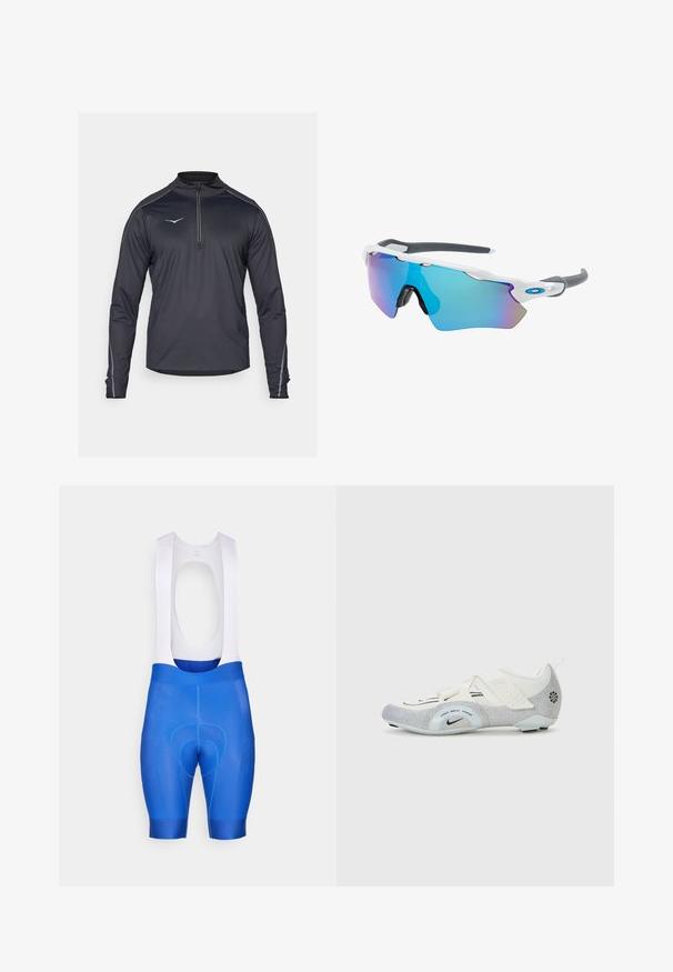 Juodas ilgomis rankovėmis ketvirčio užtrauktuku viršus su aukšta apykakle, puikiai atspindinčiais akcentais ir lygiu, lengvu audiniu.; Mėlyni dviratininko šortai su baltais petnešomis, pasižymintys paminkštintu sėdmeniu, lygiu paviršiumi ir pritaikytu siluetu, užtikrinančiu komfortą ir našumą.; Balti ir sidabriniai dviratininko batai su tinklelio viršumi, tekstūruotais akcentais, reguliuojamais dirželiais ir guminėmis padangomis, užtikrinančiomis sukibimą ir stabilumą.; Akiniai nuo saulės su balta rėmeliu, pilkų akcentų ir mėlynais veidrodiniais objektyvais. Sportiškas dizainas, aplink galvą prilipusios formos ir reguliuojamos nosies pagalvėlės.