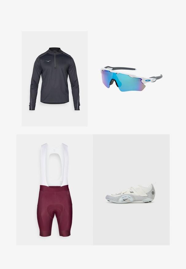 Juodas ilgomis rankovėmis ketvirčio užtrauktuku viršus su aukšta apykakle, puikiai atspindinčiais akcentais ir lygiu, lengvu audiniu.; Elastinių audinių trumpi šortai, kurių maroon spalva su balta viršutine dalimi ir ryškiu chamois padu patogumui.; Balti ir sidabriniai dviratininko batai su tinklelio viršumi, tekstūruotais akcentais, reguliuojamais dirželiais ir guminėmis padangomis, užtikrinančiomis sukibimą ir stabilumą.; Akiniai nuo saulės su balta rėmeliu, pilkų akcentų ir mėlynais veidrodiniais objektyvais. Sportiškas dizainas, aplink galvą prilipusios formos ir reguliuojamos nosies pagalvėlės.