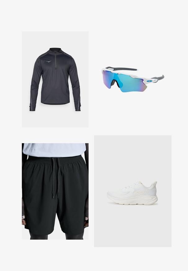 Fekete, hosszú ujjú, negyedcipzáros felső magas gallérral, fényvisszaverő részletekkel és sima, könnyű anyaggal.; Fekete sportnadrág rugalmas derékrésszel és húzózsinórral. Simább textúrával és oldalsó zsebekkel rendelkezik, kényelmes és mozgékony viselet érdekében.; Fehér futócipő textúrált hálós felsőrésszel, vastag párnázott talppal és dombornyomott logóval az oldalon. Fűzős kivitel a biztos illeszkedés érdekében.; Fehér keretű napszemüveg, szürke díszítéssel és kék tükörlencsékkel. Sportos dizájn, körbeölelő forma és állítható orrtámasz.