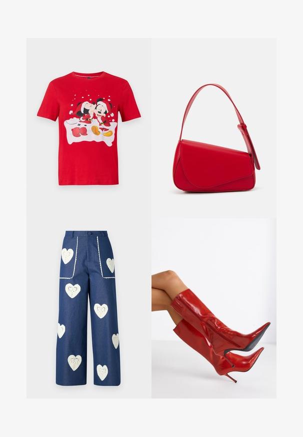 Rotes Kurzarmhemd mit Mickey und Minnie Maus, die in Weihnachtsmann-Outfits gekleidet sind, Minnie, die Mickey auf die Wange küsst, mit einem Hintergrund aus Schneeflocken.; Sister Jane HEART TO HEART - Jeans Straight Leg - blue denim; Rote, hochglänzende, oberschenkelhohe Stiefel mit spitzer Zehenpartie und Pfennigabsatz. Mit einem seitlichen Reißverschluss und einem glatten, eleganten Finish.; Rote Lederhandtasche mit einem kantigen, geometrischen Design. Verfügt über einen verstellbaren Schulterriemen und einen Klappenverschluss mit genähten Details.