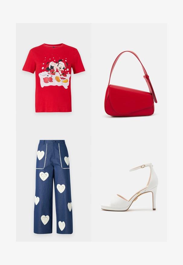 Piros, rövid ujjú póló, amelyen Mickey és Minnie Mouse karácsonyi jelmezben vannak, Minnie puszit ad Mickey-nek az arcára, hópelyhek háttérrel.; Sister Jane HEART TO HEART - Egyenes szárú farmer - blue denim; Fehér bőr, magassarkú szandál bokapánttal, nyitott orral, sima textúrával és kontrasztos barna talppal, arany kiegészítő részlettel.; Piros bőr kézitáska szögletes, geometrikus kialakítással. Egy állítható pánttal és varrott részletekkel ellátott fedélzárral rendelkezik.