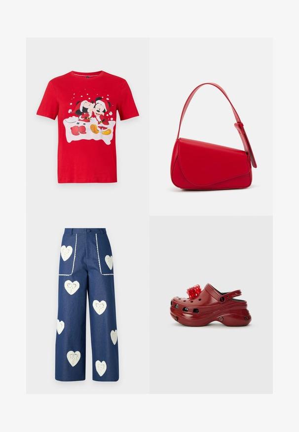 Crvena majica kratkih rukava s Mikijem i Minom Mušicom obučenim u božićne kostime, Mina daje poljubac Mikiju u obraz uz pozadinu pahulja.; Sister Jane HEART TO HEART - Traperice ravnih nogavica - blue denim; Crvena plastična klompa s ventilacijskim otvorima, povišenom petom i cvjetnim motivom na vrhu. Ima stražnju traku i teksturirane strane.; Crvena kožna torba s kutnim, geometrijskim dizajnom. Ima jedan podesivi remen i preklopni zatvarač sa šivenim detaljima.