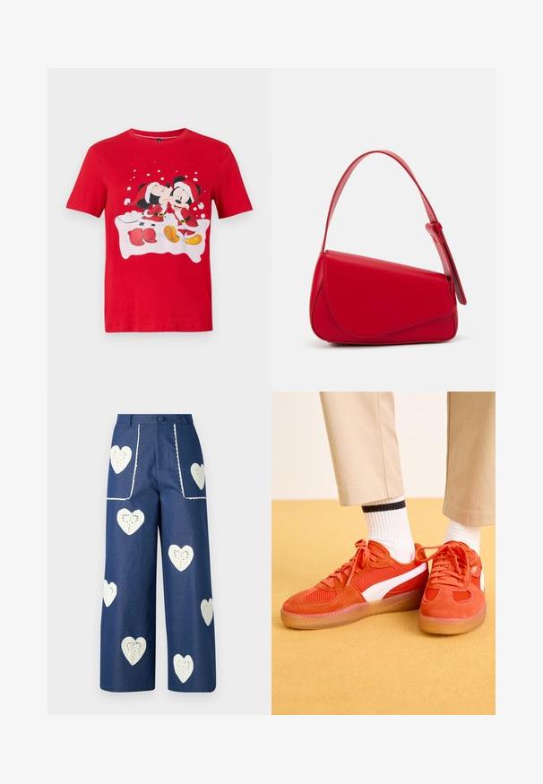 Punane lühikeste käistega särgid, millel on Mikki ja Minni Hiir jõulusärkides, kus Minni suudleb Mikkit põsele ja taustal on lumepallid.; Sister Jane HEART TO HEART - Sirgete säärtega teksad - blue denim; Punane sametist tennisetossud, millel on võrgupaneelid, valged aktsendid ja kummised tallad. Kombineeritud valgete sokkidega, millel on mustad triibud.; Punane nahast käekott, millel on nurkadega geomeetriline disain. Omab ühte reguleeritavat rihma ja klappidega sulgemist, millel on õmblustega kaunistused.
