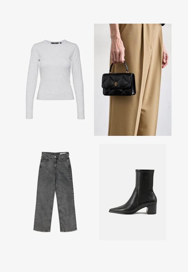 Camisola de manga longa cinza claro feita de um suave tecido de algodão misto. Apresenta um decote redondo e uma silhueta ajustada, sem padrões ou detalhes.; Jeans retos pretos de cintura alta, com revestimento desgastado, bolsos frontais, passantes para cinto, fechamento com botão e etiqueta de marca na faixa interna.; Bota ankle preta feita de couro liso, com bico pontudo, salto quadrado e costura em relevo distinta na borda superior.; Bolsa de couro preta com um design matelassé, apresentando uma alça superior e metais em tom dourado, segurada por uma pessoa em calças bege.