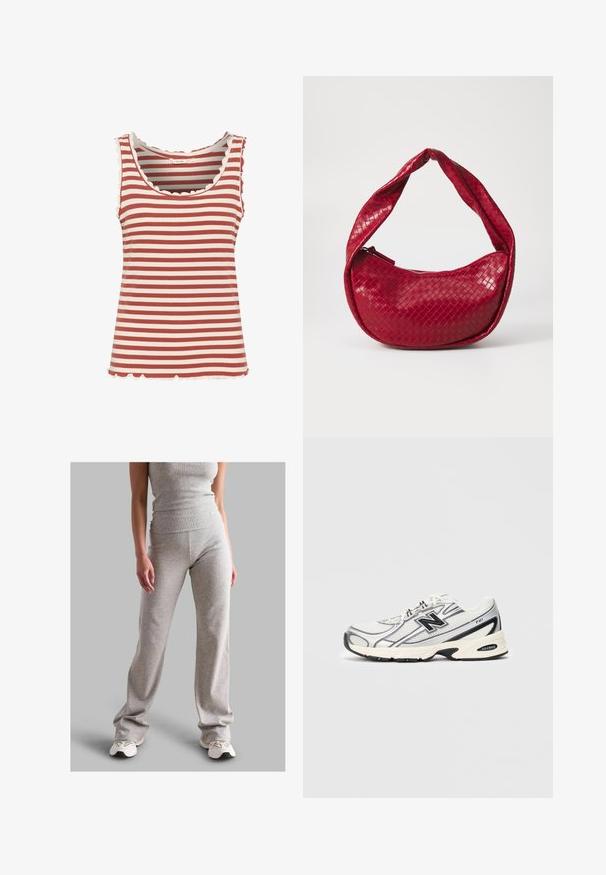 Svītrots topiņš ar maiņām tumši sarkanā un krēmkrāsas tonī, ribota tekstūra, viļņota dekoltē un apakšmala.; Pelēkā ribotā topiņa un atbilstošas bikses, kas izgatavotas no elastīga materiāla. Biksēm ir paplašināta dizaina forma, un tās ir apvienotas ar vieglām sporta apaviem.; Baltā un pelēkā sporta apavu ar melno "N" logo, mitrumizturīgs augšējais slānis, mīksts zolē un saistīšanas dizains, attēlots uz vienkārša gaiši pelēka fona.; Sarkans austs ādas rokassomas ar izliekto, mīksto rokturi, rāvējslēdzēju, un teksturētu apdari, kurai ir spīdīga virsma.