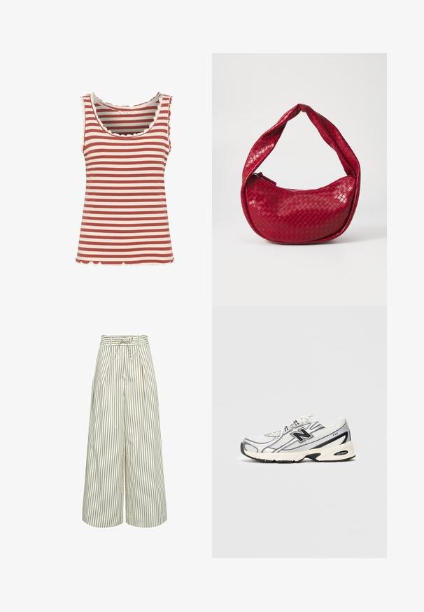 Pruhovaný top na ramínka s alternativními tmavě červenými a krémovými barvami, žebrovanou texturou, vlnitým výstřihem a lemem.; Kalhoty s širokými nohavicemi v krémové barvě s tenkými hnědými vertikálními pruhy. Mají sklady a stahovací pásek v pase. Vyrobeny z hladkého materiálu.; Bílé a šedé sportovní tenisky s černým logem "N", síťovaným svrchním materiálem, polstrovanou podrážkou a šněrovacím designem, zobrazené na jednoduchém světle šedém pozadí.; Červená tkaná kožená kabelka s zakřiveným, polstrovaným uchem, zipovým zapínáním a texturovaným povrchem, který má lesklý povrch.