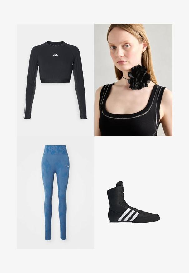 Top de entrenamiento negro recortado de manga larga hecho de una tela suave. Presenta un logo blanco en el pecho y acentos a rayas en las mangas.; Leggings azules con un patrón texturizado, cinturilla alta y un logotipo sutil en el costado. Elaborados con tela elástica para mayor comodidad.; Zapatilla deportiva alta negra con un upper de tela texturizada, que presenta tres franjas blancas y un diseño de cordones al frente. Suela plana de goma en la base.; Collar tipo choker de flores negras hecho de pétalos superpuestos, que se lleva con una camiseta sin mangas negra de canalé con acentos plateados a lo largo del escote y los hombros.