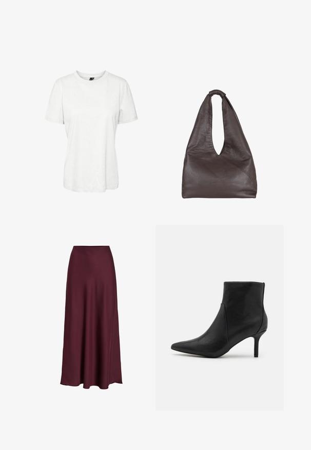 Tricou alb cu mânecă scurtă, fabricat din bumbac, cu guler rotund și un croi lejer. Textură netedă, fără modele sau broderii vizibile.; Fustă maxi din satin bordeaux cu o textură netedă, talie înaltă și o siluetă fluidă care se lărgește ușor spre margine.; Anna Field Botine - black; Geantă din piele maro cu un design oversized, relaxat. Dispune de un mâner în formă de buclă și o deschidere adâncă în formă de V pentru acces ușor. Textură moale, stil minimalist.