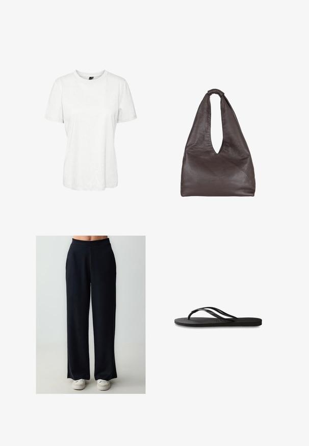 Witte korte mouw t-shirt van katoen met een ronde hals en een relaxte pasvorm. Gladde textuur en geen zichtbare patronen of versieringen.; Zwarte wijde broek met een gladde textuur en elastische tailleband, met een rechte pasvorm en een lengte die tot op de grond valt.; Zwarte flip-flop met een gestructureerde rubberen zool, twee slanke banden en een subtiele, ingedrukte logo-detail op de band.; Bruine leren tas met een slappe, oversized uitstraling. Beschikt over een lusvormige handgreep en een diepe V-vormige opening voor gemakkelijke toegang. Zachte textuur, minimalistische stijl.