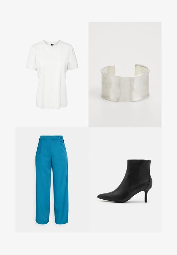 Biely krátky rukáv tričko vyrobené z bavlny s okrúhlym výstrihom a voľným strihom. Hladká textúra a žiadne viditeľné vzory alebo ozdoby.; Široké nohavice v živej teal farbe, vyrobené z hladkej tkaniny. Majú predné záhyby, stredne vysoký pás a žiadne viditeľné vrecká.; Anna Field Členkové čižmy - black; Zign Náramok - silver-coloured