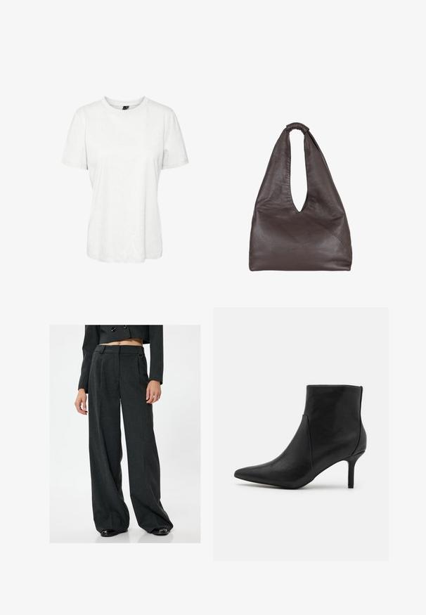 T-shirt blanc à manches courtes en coton, avec un col rond et une coupe décontractée. Texture lisse et sans motifs ni embellissements visibles.; Pantalons larges gris avec un tissu texturé, présentant une taille haute, des poches latérales et des passants de ceinture. Fini lisse et plis subtils.; Anna Field Boots à talons - black; Sac en cuir marron avec un design ample et décontracté. Équipé d'une poignée en boucle et d'une ouverture en V profonde pour un accès facile. Texture douce, style minimaliste.