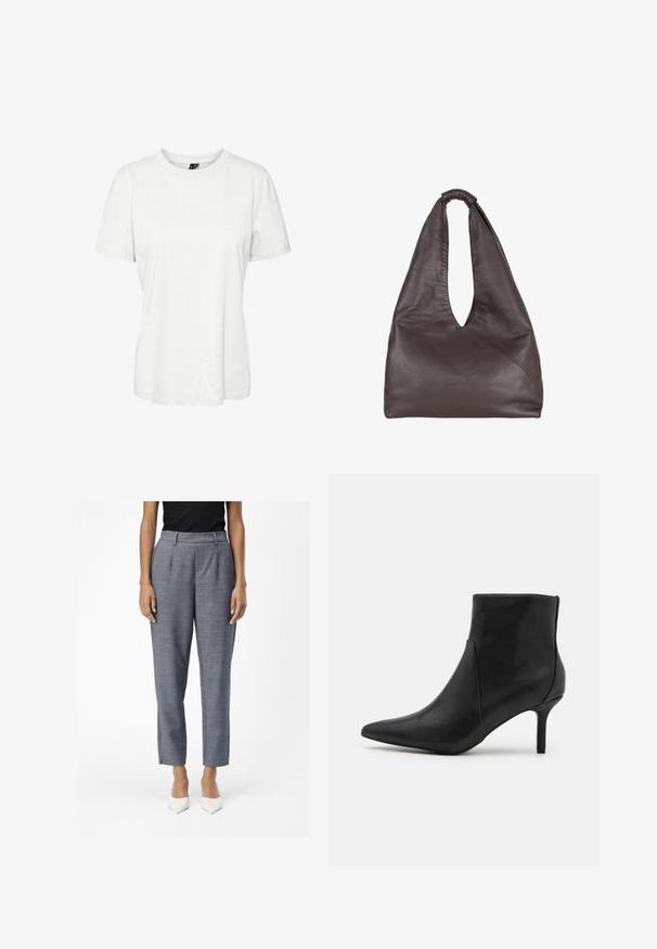 Hvit kortermet t-skjorte laget av bomull med rund hals og avslappet passform. Glatt tekstur og ingen synlige mønstre eller dekorasjoner.; Grå skreddersydde bukser med teksturert overflate, med høy midje, sidelommer og smale, korte ben. Hvite spissede hæler fullfører antrekket.; Anna Field Ankelboots - black; Brun lærveske med en avslappet, overdimensjonert design. Har en løkkehåndtak og en dyp V-formet åpning for enkel tilgang. Myk tekstur, minimalistisk stil.