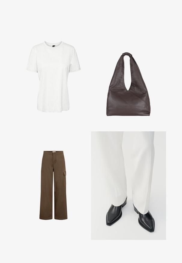 Fehér, rövid ujjú pamut póló, kerek nyakkivágással és laza szabással. Simább textúra, és nincsenek látható minták vagy díszítések.; Bézs árnyalatú, bő szárú cargo nadrág, pamutból készült, gombos záródással, oldalsó zsebekkel és sima, puha textúrával.; Fekete, hegyes orrú bokacsizmák sima bőrből, alacsony blokk sarkakkal, fehér, széles szárú nadrággal párosítva. Egyszerű és modern dizájn.; Barna bőrtáska laza, túlnyúló dizájnnal. Hurok fogantyúval és mély V-alakú nyílással rendelkezik a könnyű hozzáférés érdekében. Puha textúra, minimalista stílus.