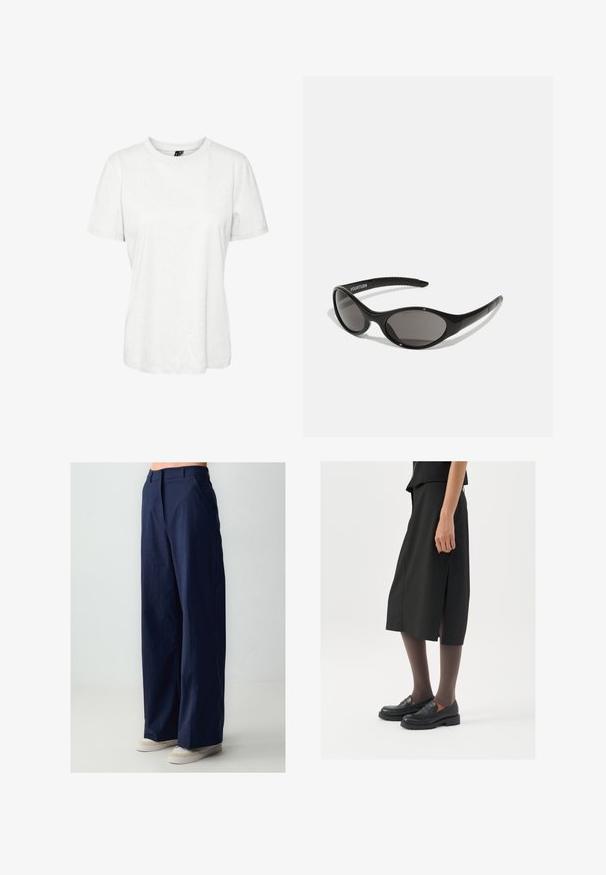 Weißes, kurzärmliges T-Shirt aus Baumwolle mit rundem Ausschnitt und lockerer Passform. Glatte Textur und keine sichtbaren Muster oder Verzierungen.; Marineblaue weit geschnittene Hosen aus leichtem Stoff. Mit vorderen Taschen und einer glatten Textur, kombiniert mit hellen Schuhen.; Schwarzer knielanger Rock mit seitlichem Schlitz, kombiniert mit schwarzen Loafers und transparenten braunen Strumpfhosen, aus glattem Stoff und mit einem schlichten Design.; Schwarze Sonnenbrille mit ovaler Form und dunklen Gläsern. Schlanker Kunststoffrahmen mit strukturierten Akzenten an den Bügeln. Branding an der Seite.; Silberne Creolen mit einer glatten, polierten Oberfläche und einer dünnen, runden Form. Das Design verfügt über einen sicheren Verschluss.