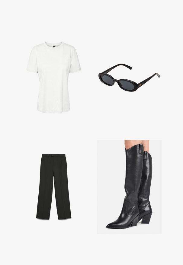 Balta īsām piedurknēm T-krekls, izgatavots no kokvilnas, ar noapaļotu kakla izgriezumu un brīvu piegriezumu. Gluda tekstūra, bez redzamām apdrukām vai rotājumiem.; Melni platleņķa bikses, izgatavotas no gludas auduma; ar pogu aizdari, plakanu priekšpusi un divām sānu kabatām. Šūts dizains, bez rakstiem.; Melnas ādas līdz ceļiem nonesošas zābakas ar smailu pirkstu, izliekta uzmava un masīlu papēdi. Tām ir gluda tekstūra un vilkšanas cilpas augšpusē.; Melnu pārspīlēto saulesbrilles ar ovālām lēcām, gludu plastmasas rāmja un zelta akcentiem uz tempļiem. Tumšie lēcas nodrošina saules aizsardzību.