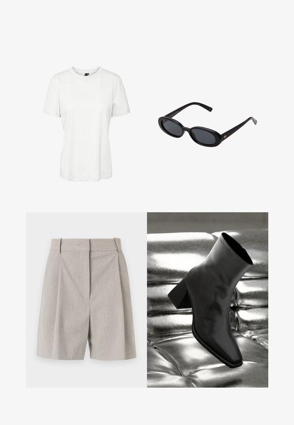Biely krátky rukáv tričko vyrobené z bavlny s okrúhlym výstrihom a voľným strihom. Hladká textúra a žiadne viditeľné vzory alebo ozdoby.; By Malene Birger POVILLE - Šortky - grey brown; Čierne členkové topánky vyrobené z lesklého materiálu so štvorcovou špičkou a zúženým podpätkom, na lesklom striebornom podklade s vystuženým vzorom.; Čierne oversized slnečné okuliare s oválnymi šošovkami, hladkým plastovým rámom a zlatými akcentmi na straniciach. Tmavé šošovky poskytujú ochranu pred slnkom.