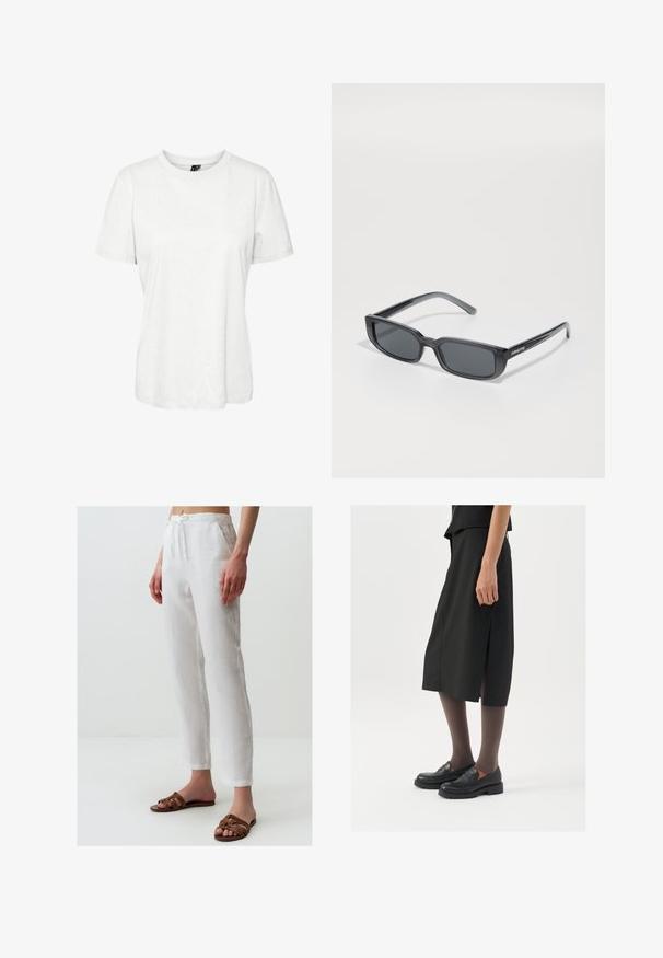 T-shirt blanc à manches courtes en coton, avec un col rond et une coupe décontractée. Texture lisse et sans motifs ni embellissements visibles.; Pantalons en lin blanc avec une taille à cordon, dotés de poches et d'une coupe décontractée. Associés à des sandales brunes à lacets. Texture lisse.; Jupe noire mi-longue avec fente sur le côté, assortie à des mocassins noirs et des collants bruns transparents, dotée d'un tissu lisse et d'un design simple.; Lunettes de soleil noires rectangulaires avec une épaisse monture en plastique et des verres sombres. Présente le nom de la marque "ARNETTE" sur le côté, un design élégant et une finition brillante.