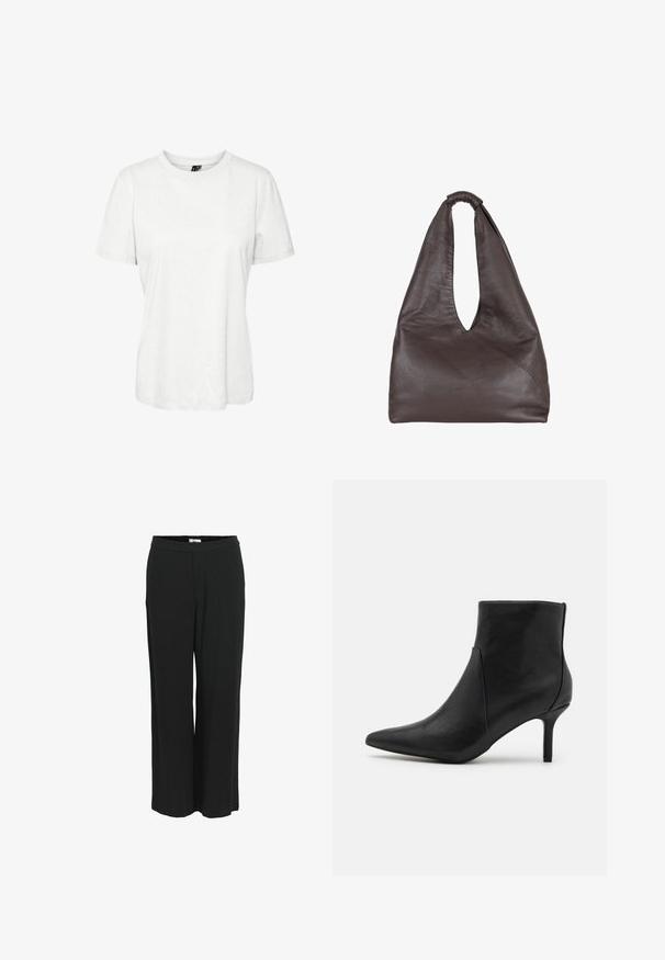 T-shirt blanc à manches courtes en coton, avec un col rond et une coupe décontractée. Texture lisse et sans motifs ni embellissements visibles.; Pantalons larges noirs en tissu léger. Dotés d'une taille élastique et d'une texture lisse. Pas de poches ni de motifs visibles.; Anna Field Boots à talons - black; Sac en cuir marron avec un design ample et décontracté. Équipé d'une poignée en boucle et d'une ouverture en V profonde pour un accès facile. Texture douce, style minimaliste.