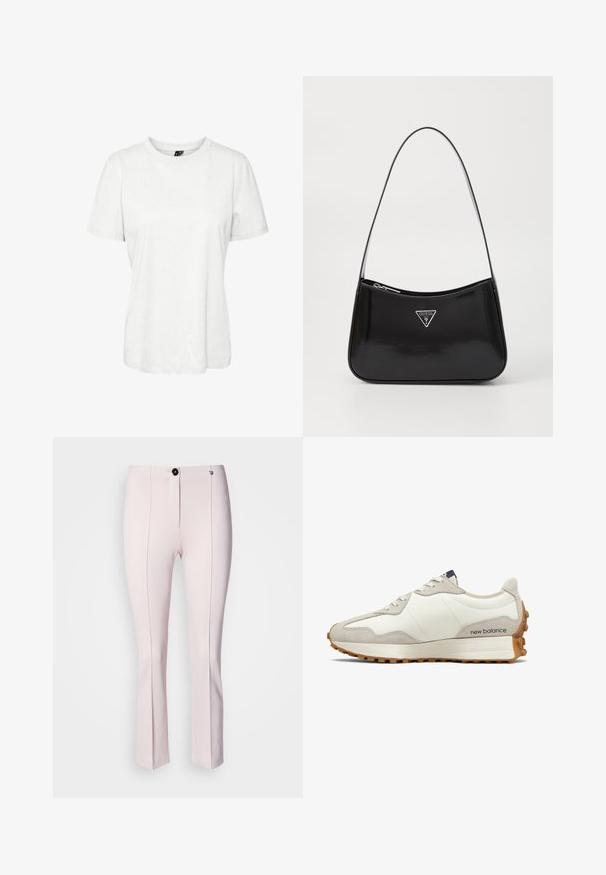 White short-sleeve t-shirt made of cotton with a round neckline and a relaxed fit. Smooth texture and no visible patterns or embellishments.; Pink tailored pants with a slight flare, featuring a front button closure, two vertical seams, and smooth texture.; White and beige sneaker with a smooth leather upper, suede accents, rounded toe, and a textured rubber outsole. Brand name printed on the side.; Black patent leather shoulder bag with a curved shape, featuring a silver triangle logo and a zipper closure. Smooth texture and slim strap.