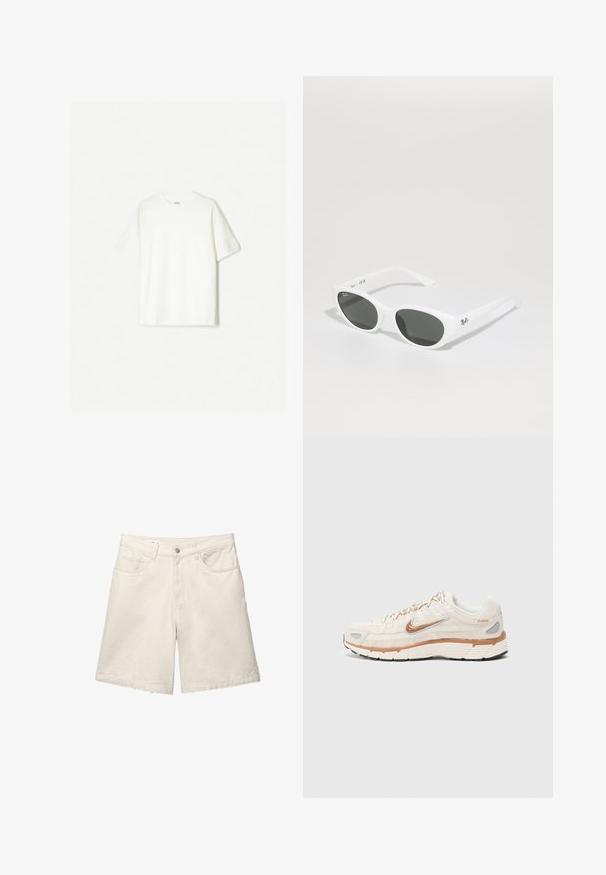 Valkoinen lyhythihainen t-paita, joka on valmistettu pehmeästä puuvillasta. Pyöreä kaula-aukko ja rento istuvuus ilman näkyviä logoja tai kuvioita.; Lyhythihaisessa nappipaidassa on off-white pellavaa. Siinä on klassinen kaulus, etunapit ja rento istuvuus. Minimalistinen muotoilu, jossa on hienovarainen tekstuuri.; Beige farkkushortsit rentona istuvana, viidellä taskulla ja edessä napilla kiinnitettävänä. Kangas on hienovaraisesti teksturoitu ja siististi viimeistelty.; Nike P-6000 lenkkarit ovat varustettu kermanvärisellä verkkopinnalla, jossa on oranssia ja hopeaa korostusta, pehmustetulla pohjalla sekä tekstuuripinnalla, joka tarjoaa hyvän pidon.; Valkoiset aurinkolasit pyöreillä kehysmuodoilla ja tummilla linsseillä. Ominaisuudet sileä muovinen pinta ja pieni logo varressa.