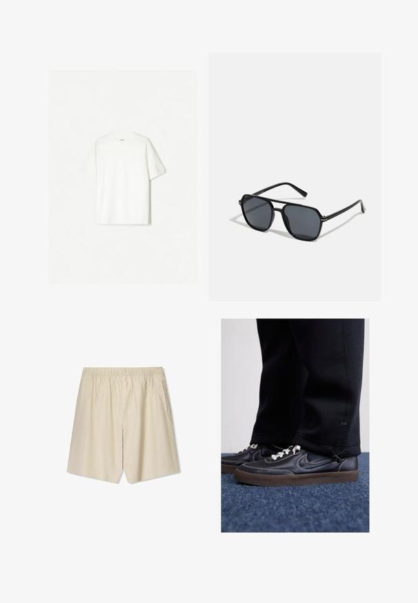 White short-sleeve t-shirt made of soft cotton. Crew neck design with a relaxed fit and no visible logos or patterns.; Beige shorts made of lightweight fabric, featuring an elastic waistband, two side pockets, and a relaxed fit design.; Nike Sportswear KILLSHOT 2 LTR PRM OPP2 - Trainers - black sail baroque brown mtlc dk grey; Black sunglases with octagonal frame, dark lenses, glossy finish, thin temples, and gold accents on the front.