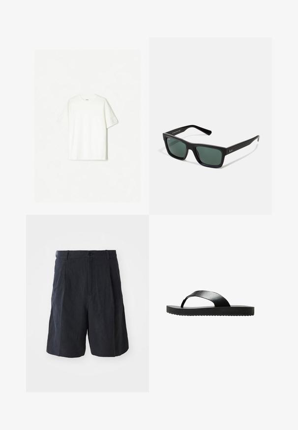 Weißes T-Shirt mit kurzen Ärmeln aus weicher Baumwolle. Crew-Hals Design mit lässiger Passform und ohne sichtbare Logos oder Muster.; Weekday LOOSE SUIT - Shorts - black; Schwarze Flip-Flop-Sandale mit flacher Sohle, aus einem glatten Material gefertigt. Verfügt über ein minimalistisches Design mit einem einzelnen Riemen und einer strukturierten Unterseite.; Schwarze rechteckige Sonnenbrille mit grünem Glas, mattem Finish, geraden Bügeln und dem Ray-Ban-Logo an der Seite.