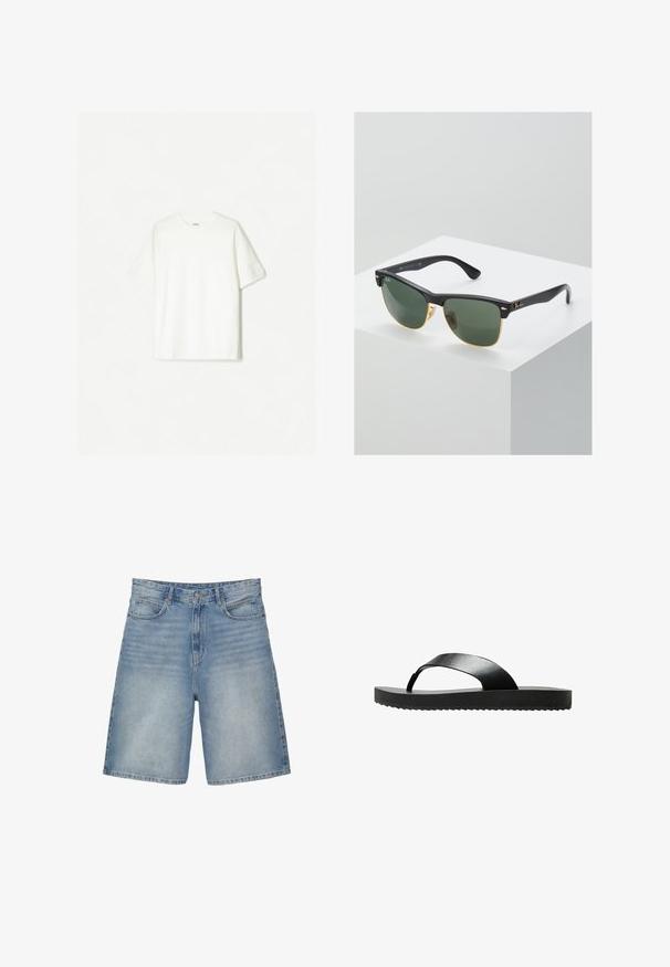 Vit kortärmad t-shirt i mjuk bomull. Rundhalsdesign med avslappnad passform och inga synliga logotyper eller mönster.; Ljusblå denimshorts med rak design har fem fickor, dragkedja och en något urtvättad struktur.; Svart flip-flop sandal med en platt sula, tillverkad av ett slätt material. Har en minimalistisk design med ett enkelt band och en texturerad undersida.; Ray-Ban-solglasögon med gröna linser, svarta plastbågar och gyllene detaljer vid kanterna. Fyrkantig form med en matt yta.