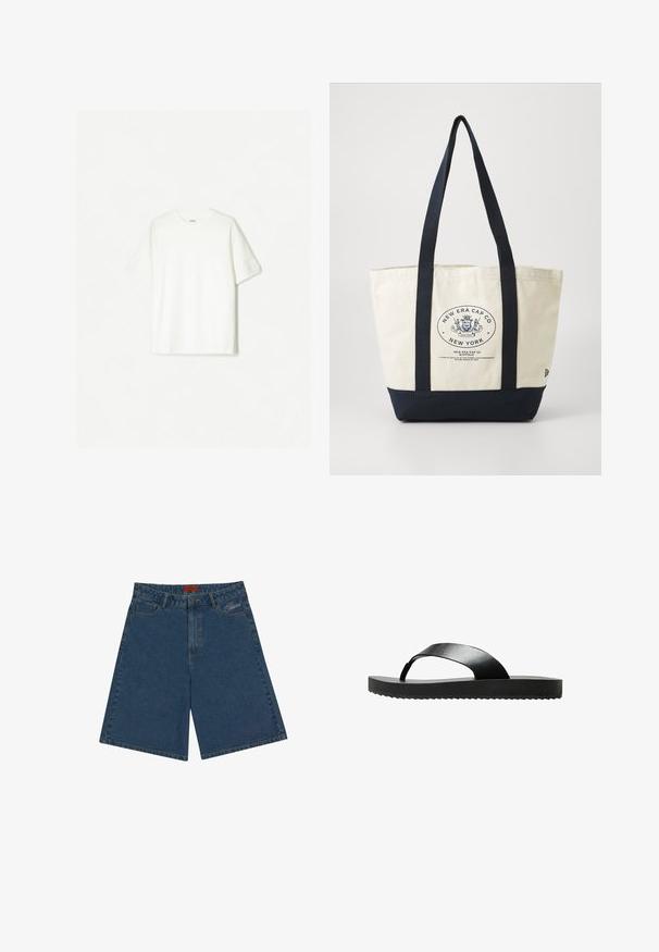 Vit kortärmad t-shirt i mjuk bomull. Rundhalsdesign med avslappnad passform och inga synliga logotyper eller mönster.; Jeansshorts i mörkblått med normalhög midja, tryckknappsstängning, framfickor och broderad logotyp på vänster sida.; Svart flip-flop sandal med en platt sula, tillverkad av ett slätt material. Har en minimalistisk design med ett enkelt band och en texturerad undersida.; Tygväska med marinblå handtag och botten. Har en cirkulär logotyp med "New Era Cap Co" och text. Beige kropp, stadigt utförande.