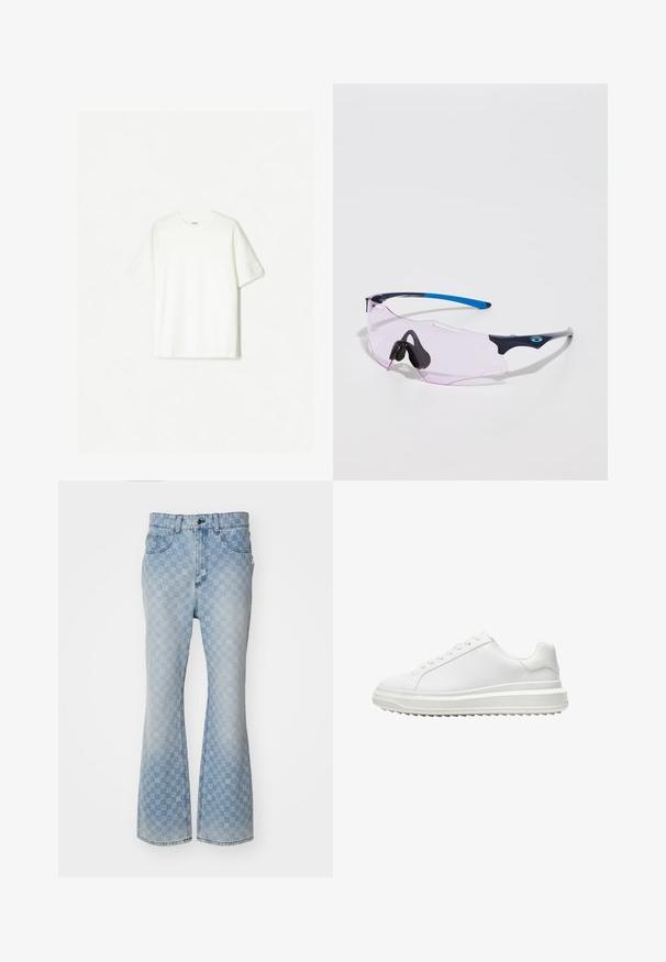 Witte kortengemouwen t-shirt van zacht katoen. Ronde halsontwerp met een ontspannen pasvorm en geen zichtbare logo's of patronen.; Lichtblauwe spijkerbroek met uitlopende pijpen, voorzien van een logo patroon over de hele stof, vijf zakken, een knoopsluiting en een licht vervaagde afwerking.; Witte sneaker met een glad synthetisch bovenwerk, ronde neus, platte veters, gestructureerde zool en een gelaagd, platformontwerp voor extra hoogte.; Sportzonnebril met een transparante roze lens. Voorzien van donkerblauwe en lichtgrijze monturen. Verstelbare neuspads verhogen het comfort.; Digitale polshorloge met een zwarte rubberen band, rechthoekige kast en lens. Weergave van tijd, wereldtijdkaart, en knoppen voor alarm en licht.