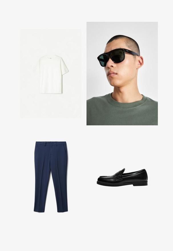T-shirt bianco a maniche corte, realizzato in cotone morbido. Design a girocollo con una vestibilità comoda e senza loghi o motivi visibili.; Pantaloni blu navy con una texture liscia, frontale piatto e due tasche laterali, dal design slim fit. Adatti per abbigliamento formale o informale.; Mocassino in pelle nera con finitura liscia, caratterizzato da un dettaglio di cucitura sulla tomaia e una suola in gomma nera solida e bassa.; Occhiali da sole rettangolari neri con lenti scure, caratterizzati da una forma distintiva e un marchio sulla parte tempiale. Indossati da una persona con una maglietta verde.