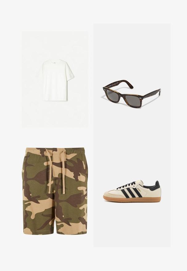 Fehér, rövid ujjú póló, puha pamutból készült. Környakú dizájn, laza szabással, látható logók vagy minták nélkül.; Zöld, barna és bézs mintázatú pamut keverékből készült kamó rövidnadrág. Elasztikus derékpánttal és zsinórral rendelkezik. Kényelmes szabás és térdig érő kialakítás.; Beige sportcipő fekete csíkokkal, gumi talppal és fekete részletekkel. Simára cserzett bőr felsőrésze és kerek orra van.; Tortminta napszemüveg szürke lencsékkel és négyzet alakú kerettel, fémes díszítésekkel a szárakon és logóval a dizájnban.