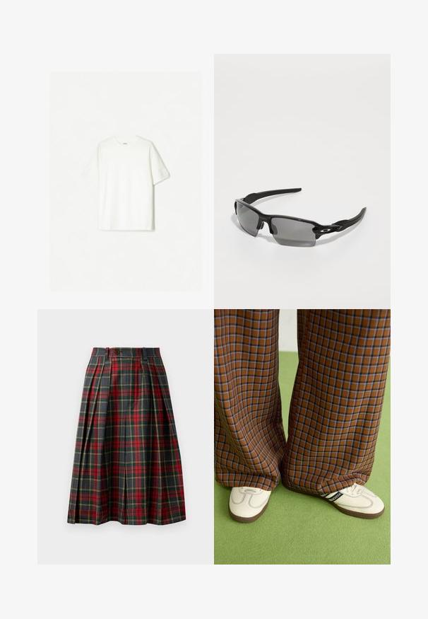 Fehér, rövid ujjú póló, puha pamutból készült. Környakú dizájn, laza szabással, látható logók vagy minták nélkül.; Tartan szoknya, plisszírozással, túlnyomórészt piros és fekete mintázattal, sárga és zöld díszítéssel, magas derékkal és gombos záródással.; Barna és kék kockás, bőrt lábú nadrág, fehér cipővel, fekete részletekkel és texturált talppal, zöld háttér előtt.; Fekete sport napszemüveg szürke lencsékkel, ívelt keret kialakítással és logóval az oldalon. Könnyű műanyagból készült.