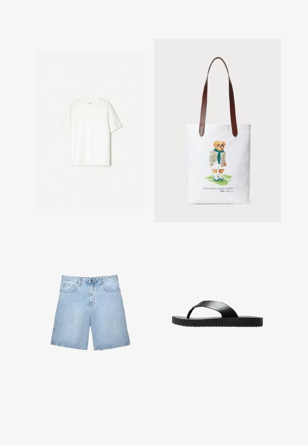 Bílý krátký rukáv tričko vyrobené z měkké bavlny. Design s kulatým výstřihem a uvolněným střihem, bez viditelných log nebo vzorů.; Světle modré džínové šortky s volným střihem, pět kapsami, a zapínáním na knoflík a zip. Mají švy a standardní pas.; Černé žabky s plochou podrážkou, vyrobené z hladkého materiálu. Mají minimalistický design s jedním popruhem a texturovanou spodní stranou.; Plátěná taška s potiskem, zobrazující kresleného medvěda v zeleném šálu a blejzru, s hnědými koženými ramenními popruhy. Bílý podklad, potiskovaný design.