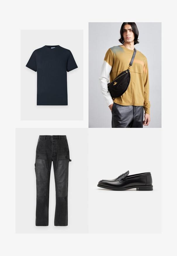 Navy blue cotton T-shirt, short sleeves, crew neckline, features a textured logo design across the chest in a lighter shade.; Black denim trousers with contrasting black leather panel accents, straight leg design, and subtle distressed detailing on the fabric.; Black leather loafers with a smooth texture, rounded toe, and a decorative strap across the vamp. Low stacked heel, minimalist design.; Vivienne Westwood CITY BUMBAG UNISEX - Bum bag - black