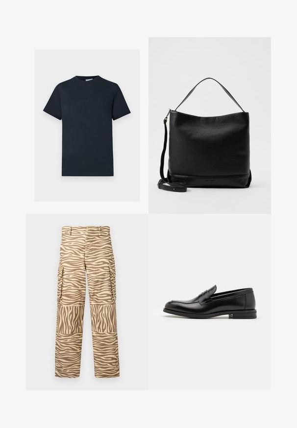 Navyblaue Baumwoll-T-Shirt, kurze Ärmel, Rundhalsausschnitt, mit einem strukturierten Logo-Design auf der Brust in einem helleren Farbton.; Cargo-Hosen in einem zebramuster in Tan und Creme. Merkmale sind ein gerader Schnitt, zwei Seitentaschen und ein Knopfverschluss mit metallischen Akzenten.; Schwarze Lederloafers mit glatter Textur, rundem Zehenbereich und einem dekorativen Riemen über dem Vorderfuß. Niedriger, gestapelter Absatz, minimalistisches Design.; Schwarze Schultertasche aus Leder mit strukturierter Oberfläche, einem abgerundeten Deckel und einem abnehmbaren Tragegurt. Besitzt ein schlichtes Design mit minimalem Metallzubehör.