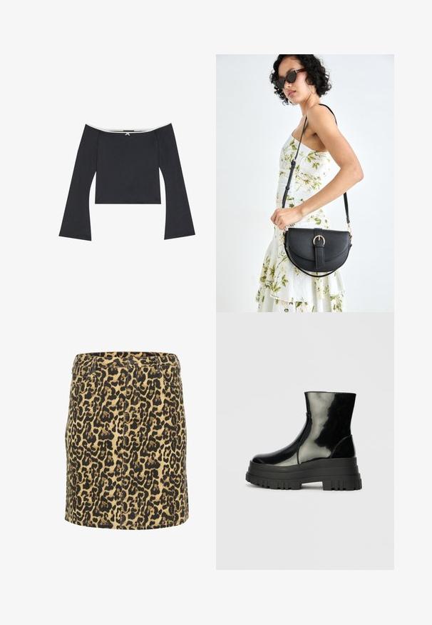 Čierny krátky top s odhalenými ramenami, ktorý má dlhé zvonové rukávy, hladkú textúru a biely lem okolo výstrihu. Na chrbte je dekoratívny uzol.; Džínová sukňa s leopardím vzorom a priliehavým strihom, čierno-hnedý vzor na svetlom béžovom pozadí, s prednými vreckami a klasickým pásom.; Čierne lesklé členkové čižmy s hrubou podrážkou a zaoblenou špičkou, bočný pohľad na jednoduchom svetlošedom pozadí.; Čierna kožená kabelka s zaobleným tvarom, odnímateľným popruhom a zlatými doplnkami. Kabelka má klopu s detailom s prackou.