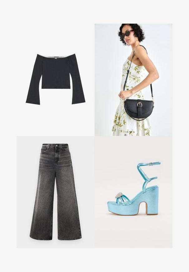 Top cropped preto com alças a descoberto, apresentando mangas longas em forma de sino, uma textura suave e um acabamento branco ao longo da gola. Nas costas, possui um detalhe decorativo em laço.; Calças de ganga pretas de perna larga com um efeito desbotado, design de cinco bolsos e fecho de botão na cintura, apresentando detalhes costurados.; Sandálias plataforma metálicas azuis com um salto grosso, apresentando tiras cruzadas e um detalhe de joias na área dos dedos.; Bolsa de couro preta com forma curva, alça destacável e detalhes em dourado. A bolsa possui uma aba com detalhe de fivela.