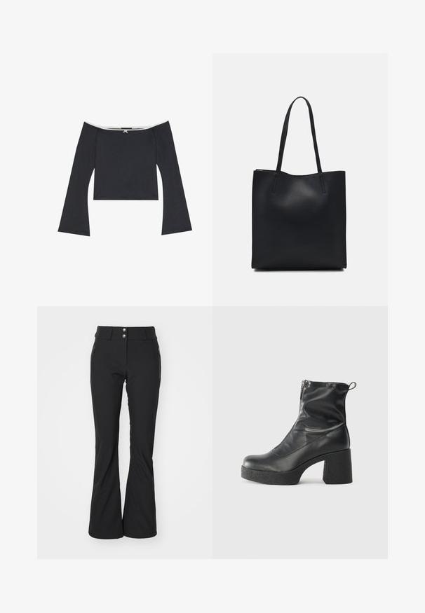 Fekete, vállról lelógó crop top, hosszú harangujjakkal, sima textúrával és fehér díszítéssel a nyakkivágás mentén. A hátsó részen dekoratív csomó részlet található.; Fekete harangszárú nadrág, puha, rugalmas anyagból készült. Magas derekú, elöl két cipzáros zsebbel és ezüst gomb részletekkel rendelkezik.; Fekete bokacsizmák sima bőrből, oldalsó cipzárral, vastag, texturált sarkú és lekerekített orrú dizájnnal.; Fekete bőrtáska sima felszínnel, téglalap alakú, két hosszú füllel. Nincs látható fémkiegészítő vagy díszítés.