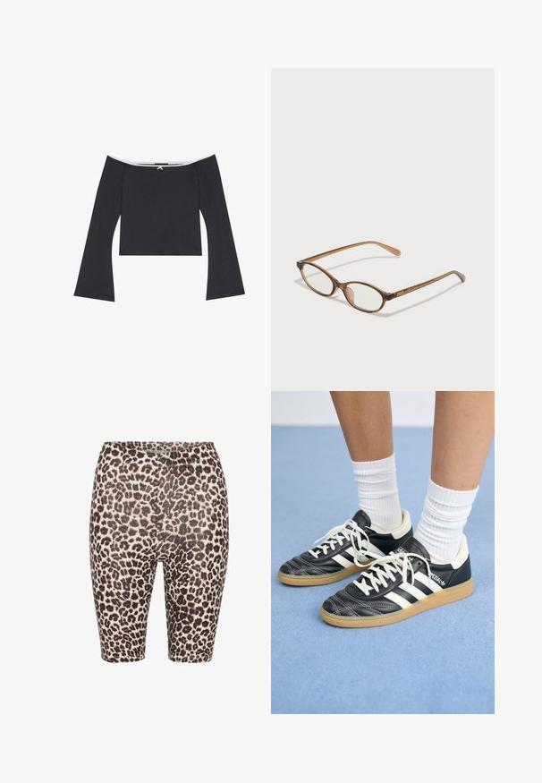 Must have õlgadelt avatud must lühike topp, mis sisaldab pikkade kellukese lõikega varrukaid, sileda tekstuuri ja valget ääret, mis ümbritseb kaelaosa. Seljal on dekoratiivne sõlm.; Leopardi prindiga jalgrattapüksid musta ja beeži värvitooniga, elastse vöökohaga ja sujuva tekstuuriga. Keskel reie pikkus ja moodne lõige.; Mustad nahast tennisetossud valgete triipudega, ümar nina, valged paelad ja kummist tallad. Esiletõstetud pehmendatud krae ja brändingu detailid.; Pruunid kilpkonnaläätsed ovaalsete objektiividega, õhukesed kaared ja läbipaistvad aktsendid. Templi peal on peene logoga. Sujuv, kergesti kandmiseks mõeldud disain.