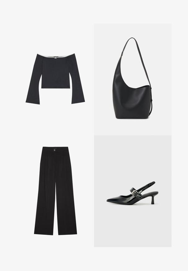Svart avskuren topp utan axlar med långa trumpetärmar, en mjuk yta och vit dekor längs halsringningen. Baksidan har en dekorativ knutdetalj.; Svarta vida byxor med veck, med en knappstängning och två sidofickor; slät textur med en skräddarsydd design.; Svarta patentläder slingback-klackar med spetsig tå och en liten blockklack, med en silvrig spänneaccent på remmen.; Svart läder hobo-väska med en slät textur, kurvig form och en justerbar axelrem; har en bred öppning upptill.