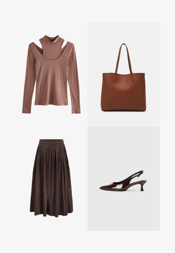 Majica s dolgimi rokavi v nežni rjavkasti barvi, z ribasto teksturo, z lažjim ovratnikom in edinstvenim designom z izrezano ramo.; Rjava plisirana midi krila z visokim pasom, izdelana iz gladkega materiala, z polno silhueto in stranskimi žepi za dodatno funkcionalnost.; Rjavi lakirani slingback čevelj z ostro konico in zmerno peto. Ima zaponko za varno prileganje. Gladka tekstura.; Rjava usnjena torba z gladko teksturo, odprto zasnovo zgoraj in dvema naramnima trakovoma. Opremljena je z minimalnim šivanjem in brez vidnih kovinskih delov.