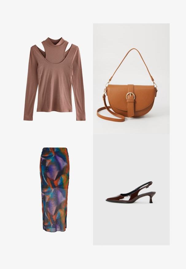 Maglietta a maniche lunghe in un colore ruggine smorzato, con texture a coste, dotata di collo alto e un design distintivo con spalle a taglio.; Gonna a matita multicolore realizzata in tessuto fluido e trasparente con motivi astratti in blu, arancione e viola. Vita elasticizzata con spacco laterale.; Scarpa slingback in pelle verniciata marrone con punta affusolata e tacco moderato. Presenta una fascia con fibbia per una calzata sicura. Tessuto liscio.; Borsa a tracolla in pelle marrone con forma curvata, hardware dorato e un dettaglio con fibbia. Presenta una tracolla rimovibile.