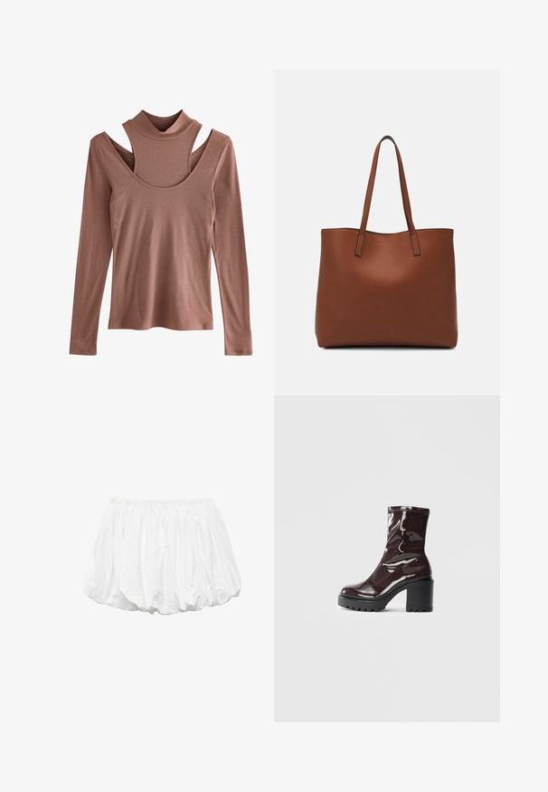 Langærmet bluse i dæmpet rustfarve, ribbet tekstur, med en stå-krave og en markant skåret skulderdesign.; Hvide bomulds ballonshorts med elastisk talje og plisseret design, i en glat tekstur og rund form.; Glatte burgunder ankelstøvler med en chunky sort hæl, der har en glat tekstur og et simpelt design. Ingen synlige lukninger eller mønstre.; Brun læder tote taske med en glat overflade, åben topdesign og to skulderremme. Har minimal syning og ingen synlig hardware.