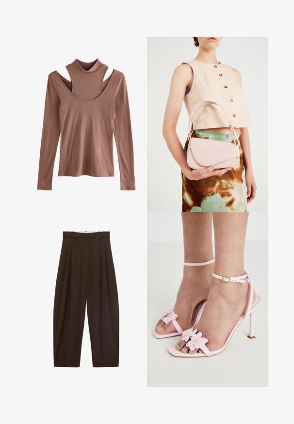 Pitkähihainen toppi hillityssä ruosteen värissä, ribbitekstuuri, jossa on korkea kaulus ja erottuva olkapääaukko.; Ruskeat korkeavyötäröiset housut, joissa on laskokset, valmistettu sileästä kankaasta. Rentoa istuvuutta, suora lahjemuoto, varustettu vyölenkeillä ja vetskarilla.; Vaaleanpunaiset korkeat sandaalit kukkapainatuksilla, ohuella nilkkaremmillä ja avonaisella varvastyylillä. Liukas pinta ja terävä kärki.; Vaaleanpunainen nahkakäsilaukku, jossa on kaareva läppä, yksittäinen olkahihna ja puhtaat linjat. Laukussa on sileä pinta ja minimalistinen muotoilu.