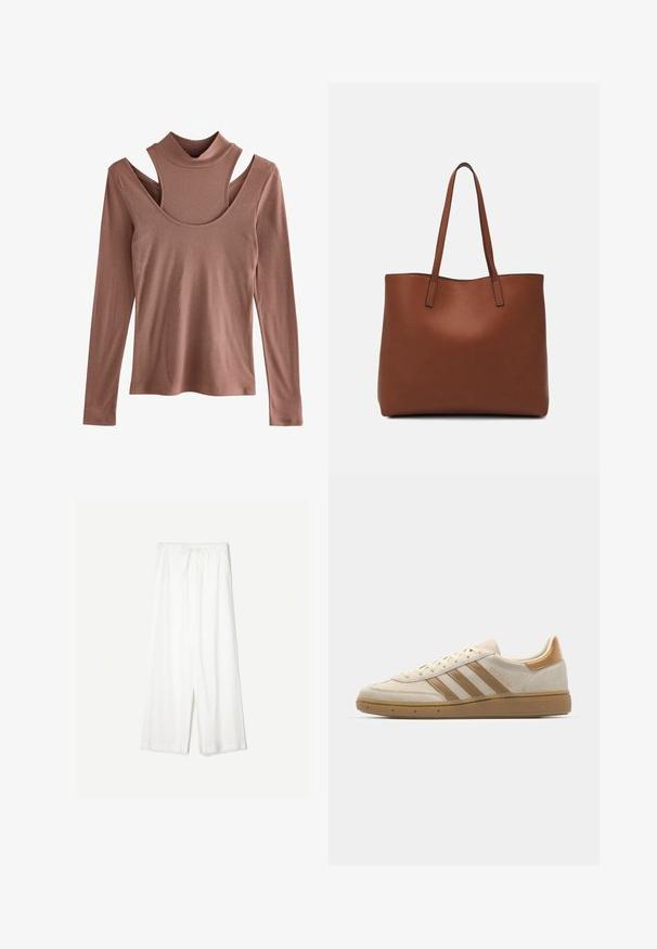 Majica s dolgimi rokavi v nežni rjavkasti barvi, z ribasto teksturo, z lažjim ovratnikom in edinstvenim designom z izrezano ramo.; Bele široke hlače s elastiko v pasu, prikazane na enobarvni podlagi, kar poudarja njihov sproščen slog in teksturo tkanine.; Bež semiš športni čevlji s svetlo rjavimi poudarki. Ima tri rjave črte, teksturiran gumijast podplat in zaobljen dizajn prstov.; Rjava usnjena torba z gladko teksturo, odprto zasnovo zgoraj in dvema naramnima trakovoma. Opremljena je z minimalnim šivanjem in brez vidnih kovinskih delov.