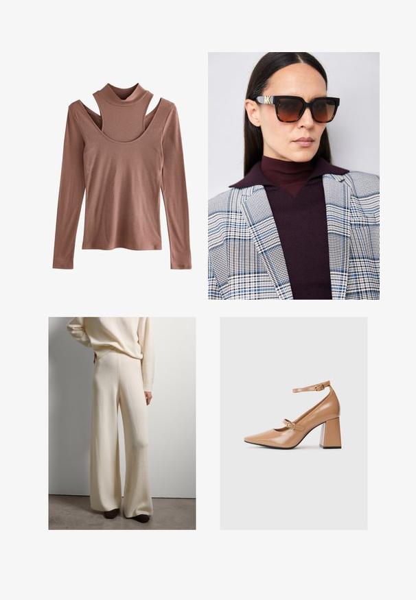 Camiseta de manga larga en un tono óxido suave, con textura acanalada, que presenta un cuello alto y un diseño de corte distintivo en los hombros.; Pantalones de pierna ancha en suave tejido de punto blanco, de cintura alta con una textura lisa, que cuentan con una cinturilla y puños acanalados. Combinados con zapatos oscuros.; Zapatos de tacón alto de charol color beige con punta afilada, correa en el tobillo y un tacón cuadrado y grueso. Textura suave con acabado brillante.; Gafas de sol negras y carey con un diseño geométrico, que cuentan con lentes marrón degradados y un logo dorado de MK en el lateral.; Bolso de mano de piel marrón con un diseño curvado, correa de cadena dorada, bolsillo interior y una correa de hombro desmontable. Presenta costuras en contraste.